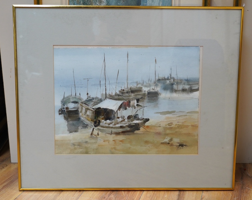 P. Chan, watercolour, Harbour scene with Chinese junks, signed, 30 x 39cm. Condition - fair to good